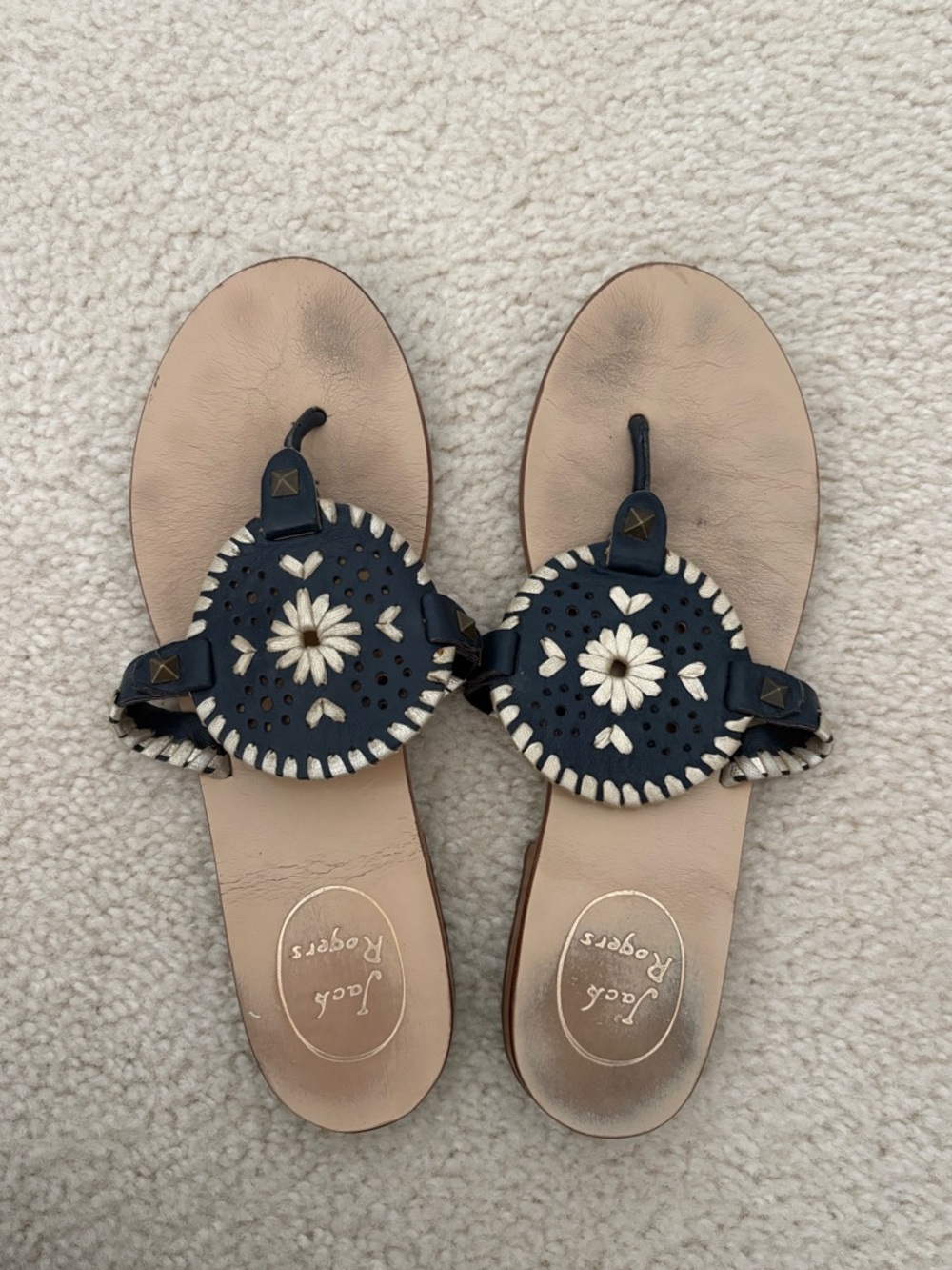 Jack Rogers Navy and Cream Leather Woven Medallion Sandals - Picture 2 of 2